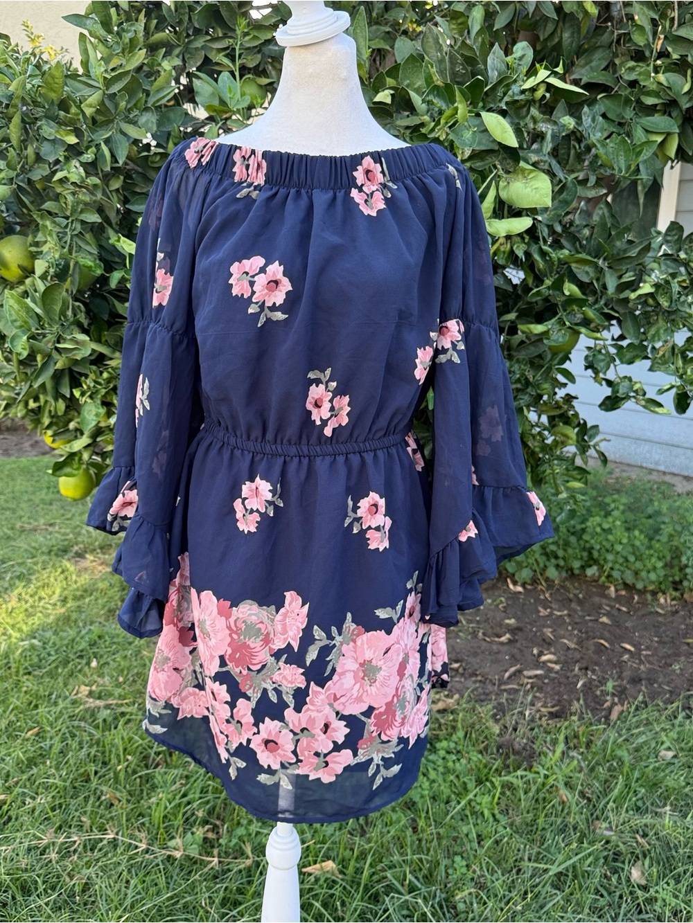 Navy Blue Floral Off-Shoulder Dress with Pink Print